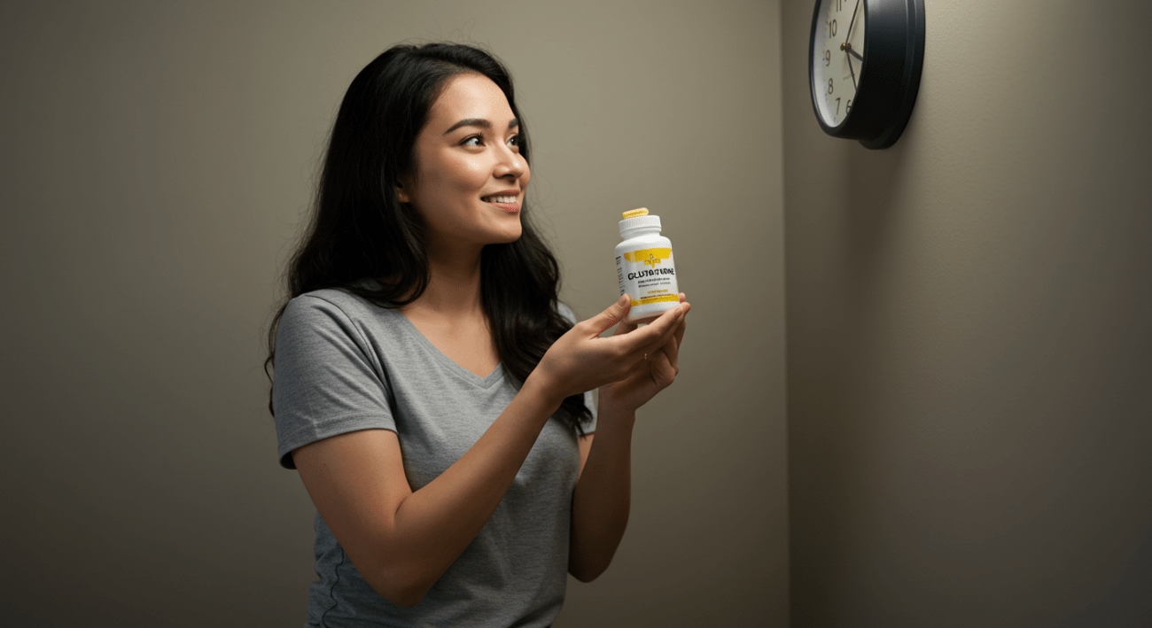 person holding a bottle of glutathione capsules, looking at the clock