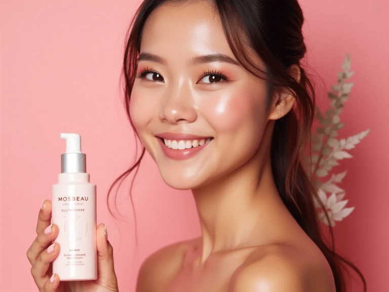 A woman with smooth, radiant skin holding a bottle of Mosbeau Glutathione