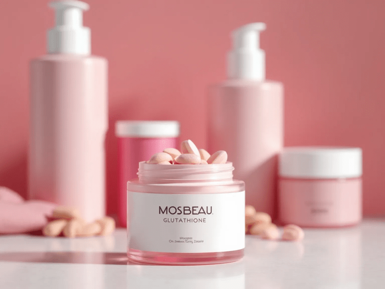 Close-up of white Mosbeau Glutathione tablets in an elegant glass jar